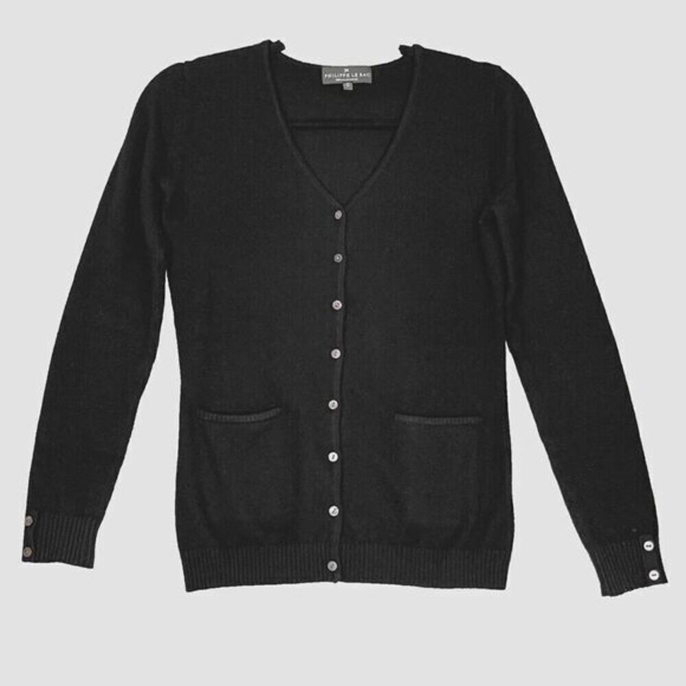 Philippe Le Bac Womens Cashmere Cardigan XS Black V-Neck‎ Button Front Classic